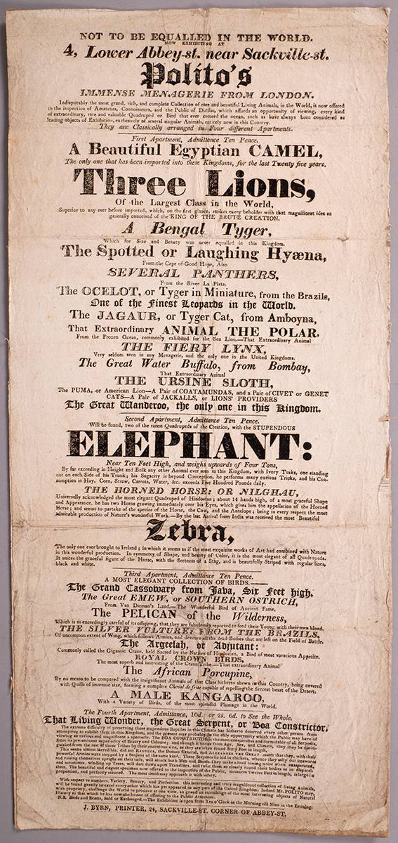 18th century poster for Polito's Menagerie, held at Dublin, at Whyte's Auctions