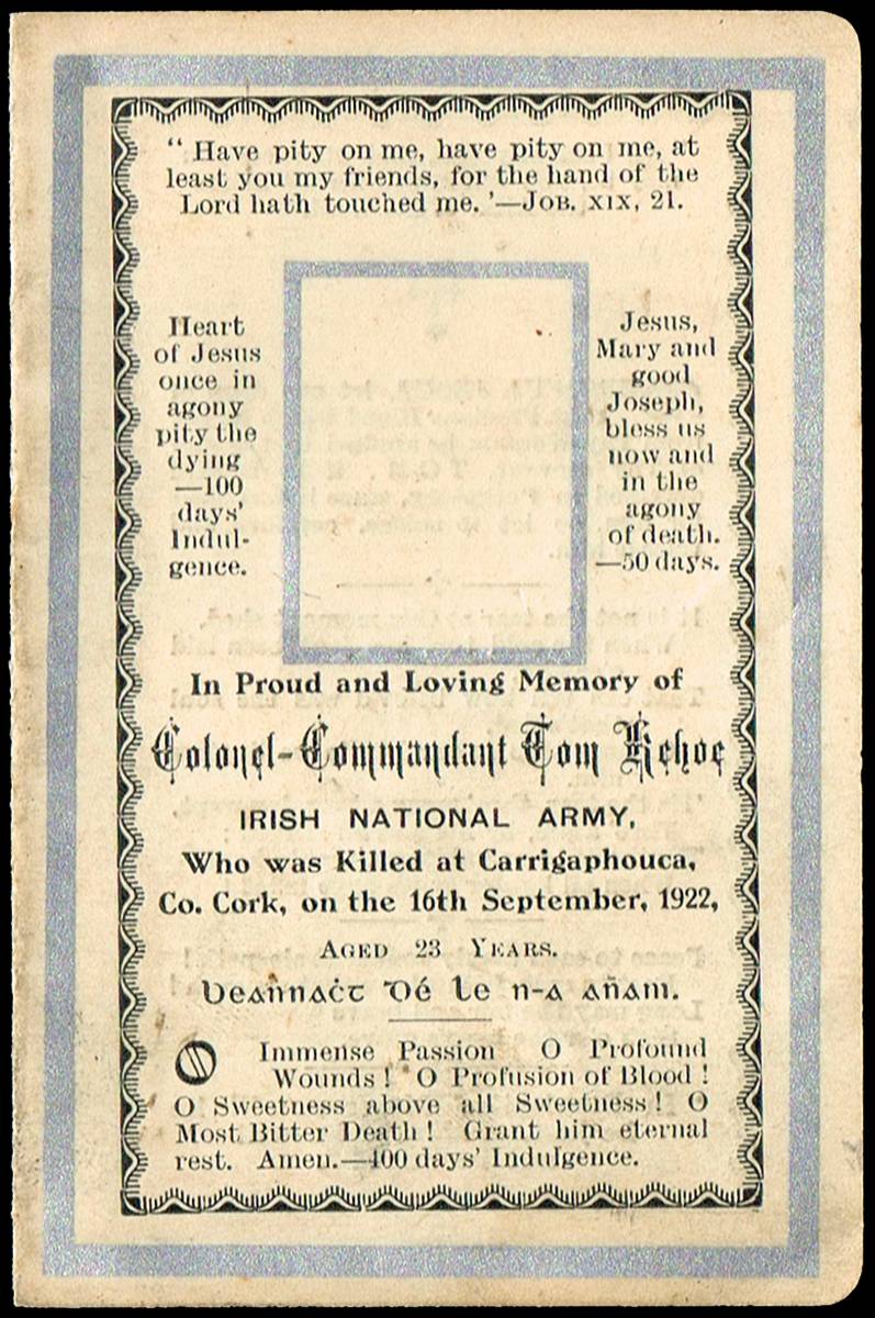 1922 In Memoriam card for Tom Kehoe, Michael Collins 'Apostle' at Whyte's Auctions