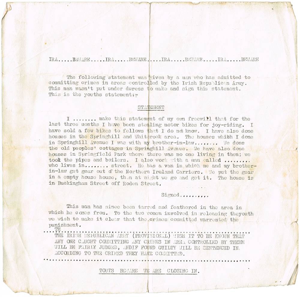 Circa 1980 IRA 'court' statement form at Whyte's Auctions