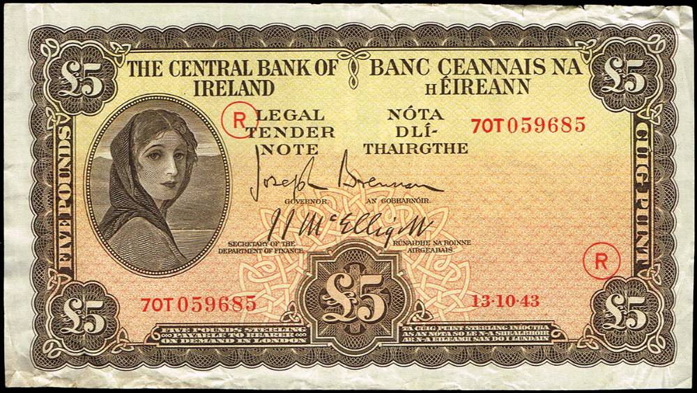 Central Bank Five Pounds War Codes 13-10-43 R and 14-7-44 M. at Whyte's Auctions