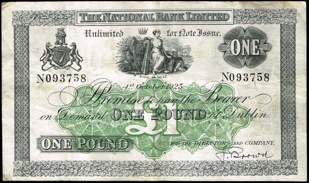 The National Bank Limited, Dublin, One Pound, 1st October 1925 at Whyte's Auctions
