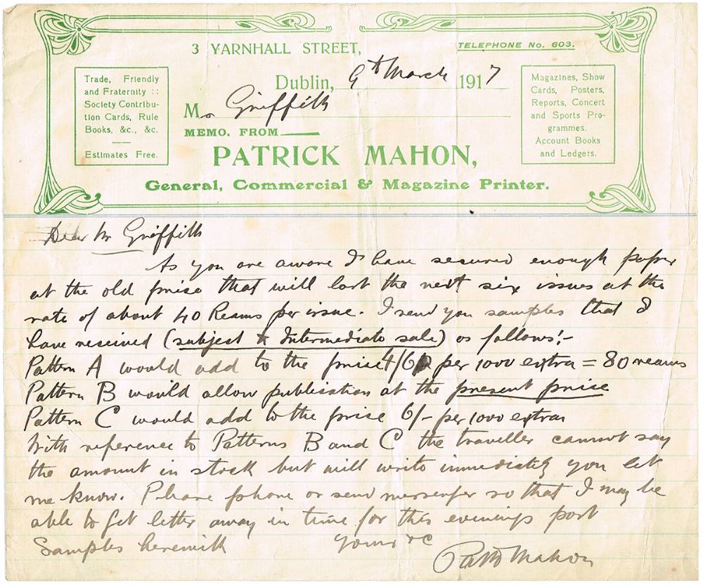 1918 (July-August) letters to Arthur Griffith in Gloucester Prison concerning Nationality. (6) at Whyte's Auctions