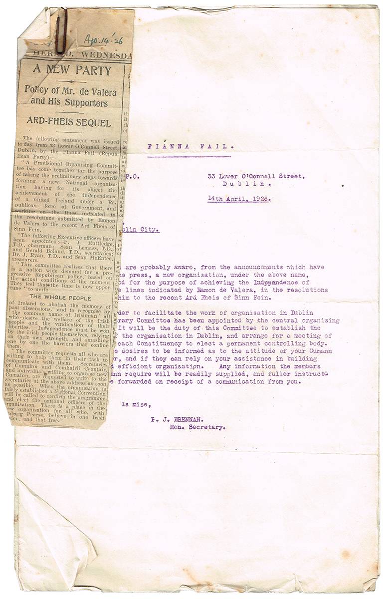 1926 (14 April) statement announcing the formation of Fianna Fil and related documents. at Whyte's Auctions