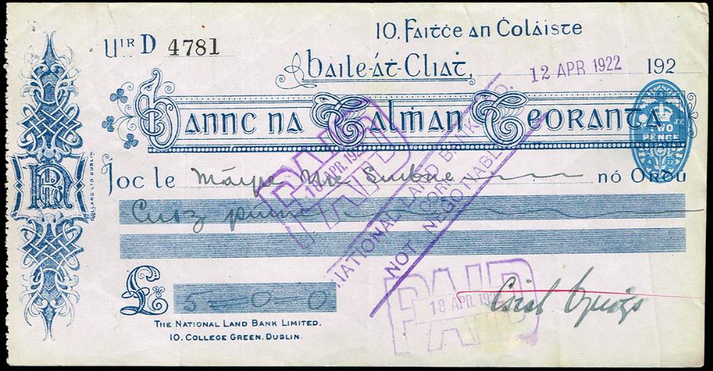 1922 (12 April) cheque to Mire MacSwiney signed by Cathal Brugha at Whyte's Auctions