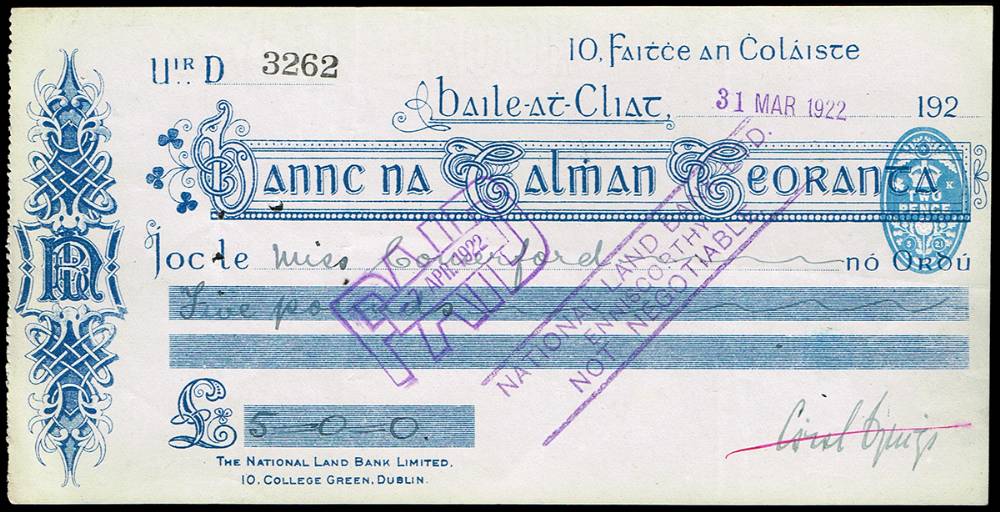 1922 (31 March) cheque signed Cathal Brugha to Mire Comerford and related items. (3) at Whyte's Auctions