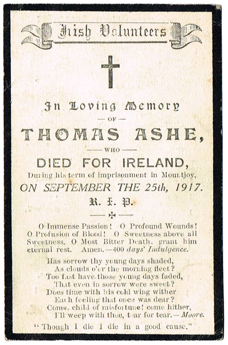 1917 (25 September) Irish Volunteers In Memoriam Card for Thomas Ashe. at Whyte's Auctions