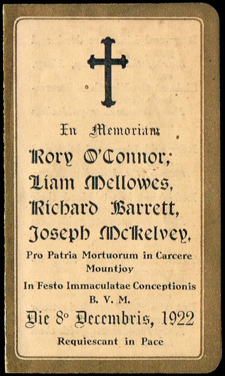 1922 (8 December) In Memoriam card for Rory O'Connor, Liam Mellowes, Richard Barrett and Joseph McKelvey. at Whyte's Auctions