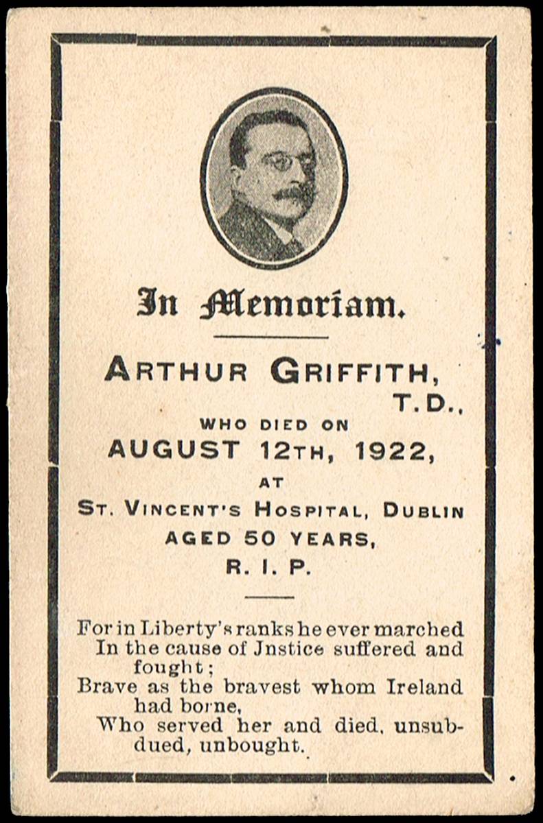1922 (12 August).In Memoriam card for Arthur Griffith. at Whyte's Auctions
