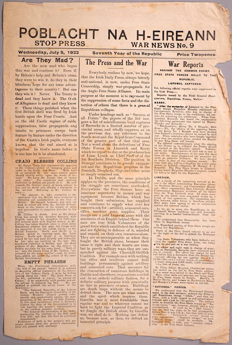 1922 (5 July - 22 September Poblacht na H-Eireann Stop Press War News broadsheets. (44) at Whyte's Auctions
