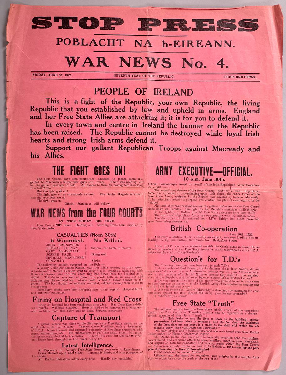 1922 (30 June) Poblacht na h-Eireann Stop Press War News No. 4 poster. at Whyte's Auctions