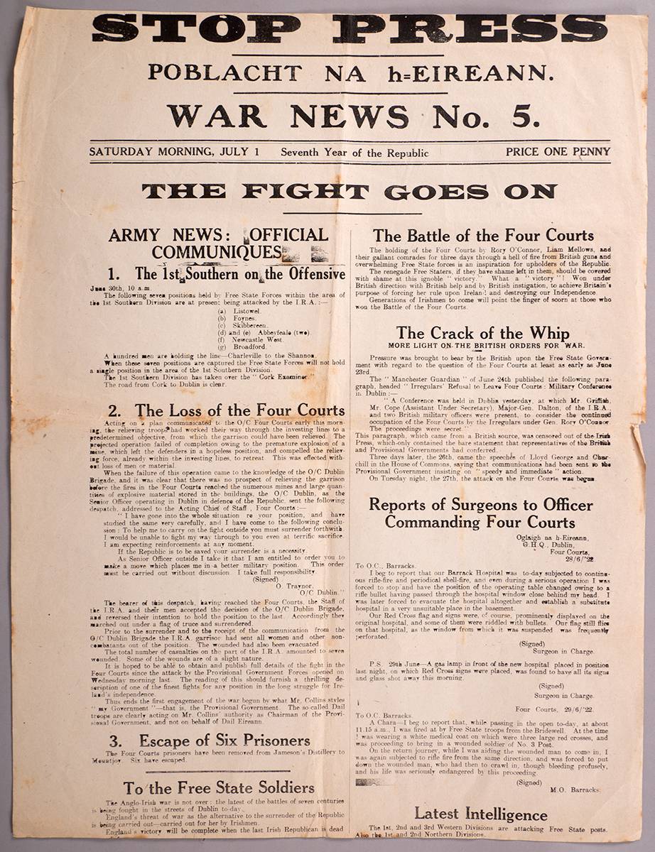 1922 (1 July) Poblacht na h-Eireann Stop Press War News No. 5 poster. at Whyte's Auctions
