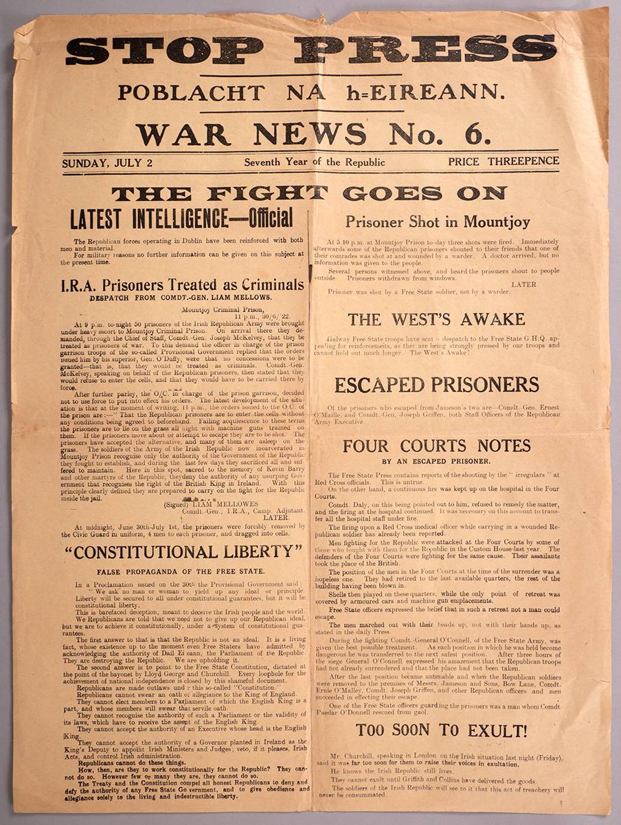 1922 (2 July) Poblacht na h-Eireann Stop Press War News No. 6 poster. at Whyte's Auctions