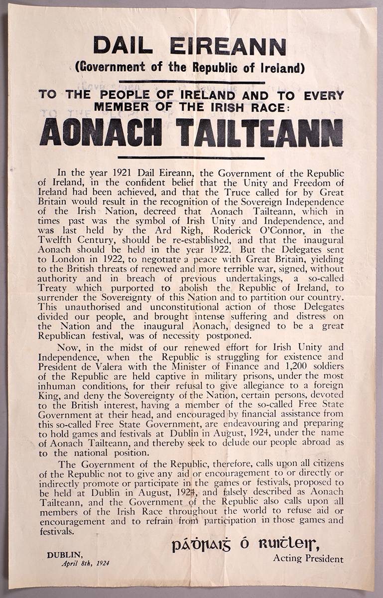 1924 (8 April) poster issued by 'The Acting President' of 'Dil ireann' looking for a boycott of 'Aonach Tailteann' at Whyte's Auctions