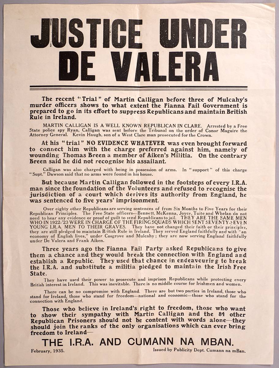 1935 (February) 'Justice Under De Valera' poster issued by Cumann na MBan. at Whyte's Auctions