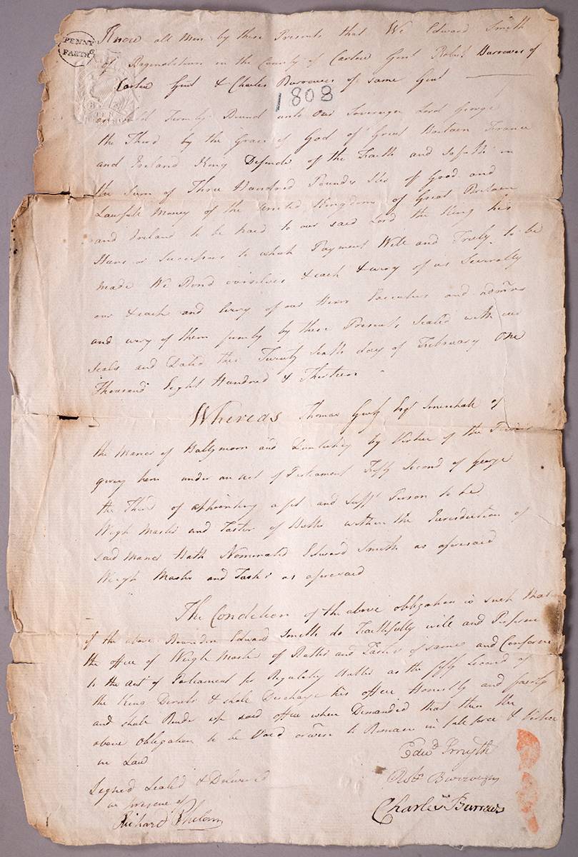 1813 Appointment  of  Edward Smith to faithfully perform as Taster of Butter and Weigh Master. at Whyte's Auctions