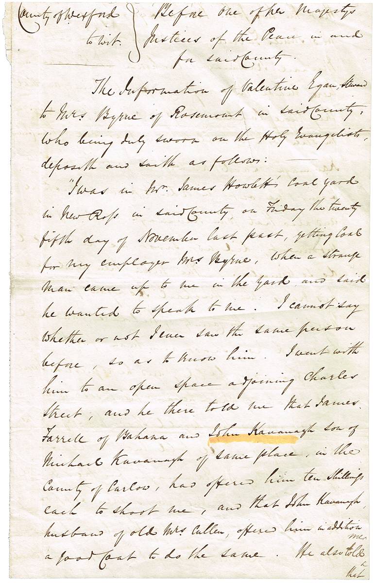 1842 Threat of murder sworn statement. at Whyte's Auctions
