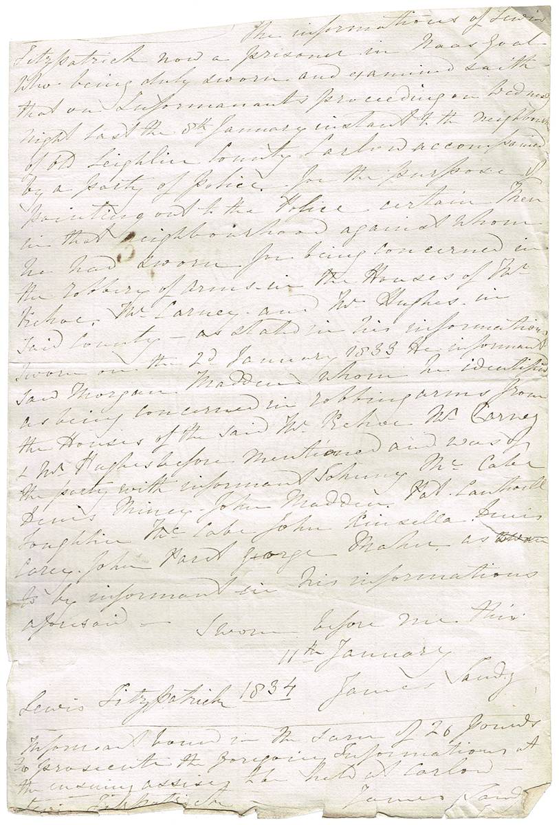 1833-1834 sworn statements concerning mayhem in Carlow ans Kildare. at Whyte's Auctions