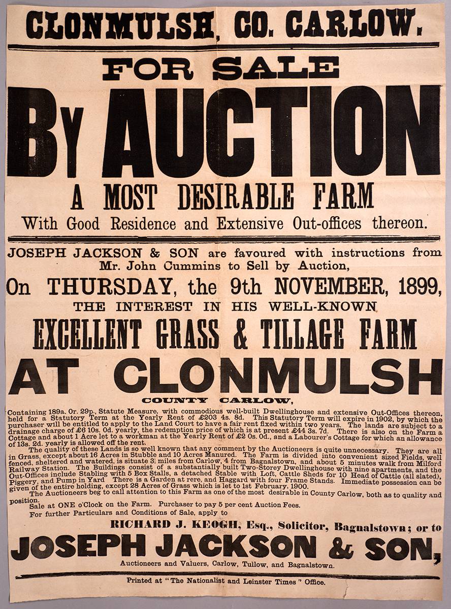1899 Auction Poster for a farm at Clonmush, Co. Carlow. at Whyte's Auctions