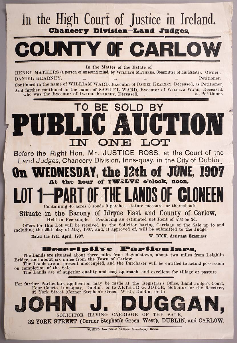 1907 (12 June) large auction poster for 'Part of the Lands of Cloneeen, Co. Carlow. at Whyte's Auctions