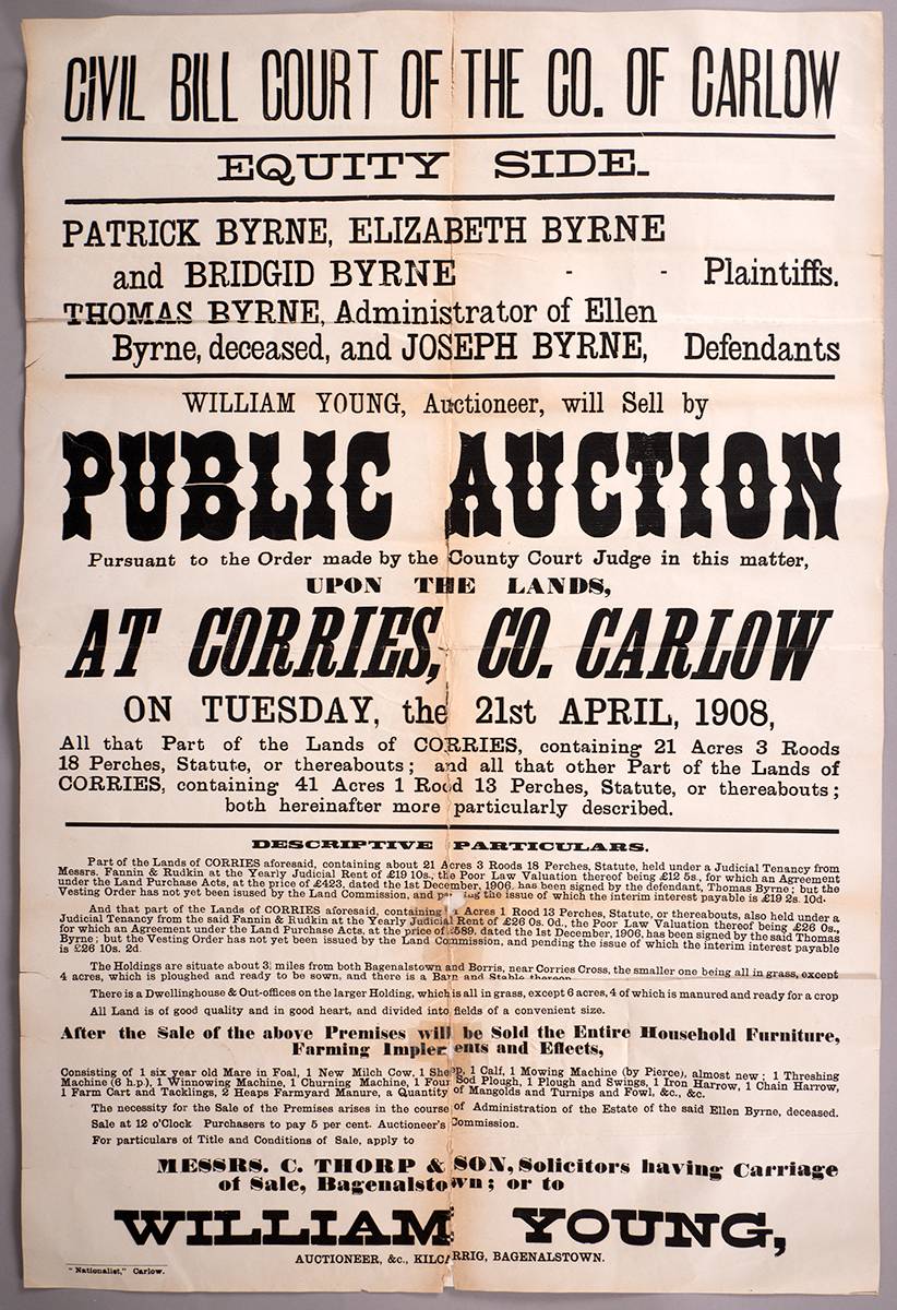 1908 Auction Poster. Corries, Co. Carlow at Whyte's Auctions