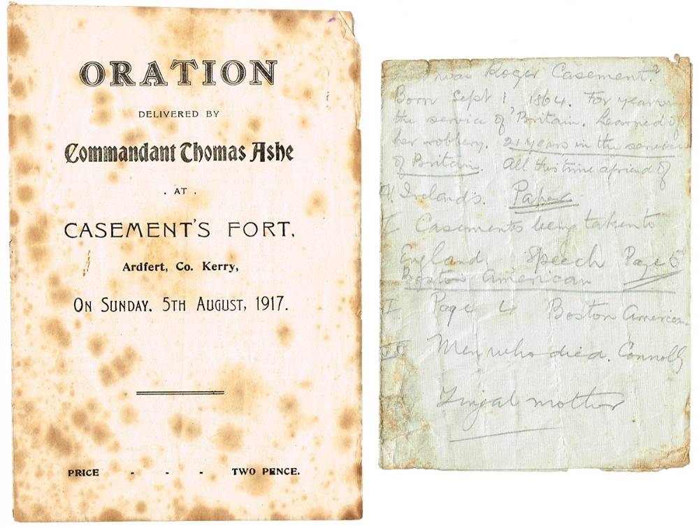 1917 (5 August) Oration by Commandant Thomas Ashe at Casement's Fort, Ardfert, Kerry, manuscript and printed. at Whyte's Auctions