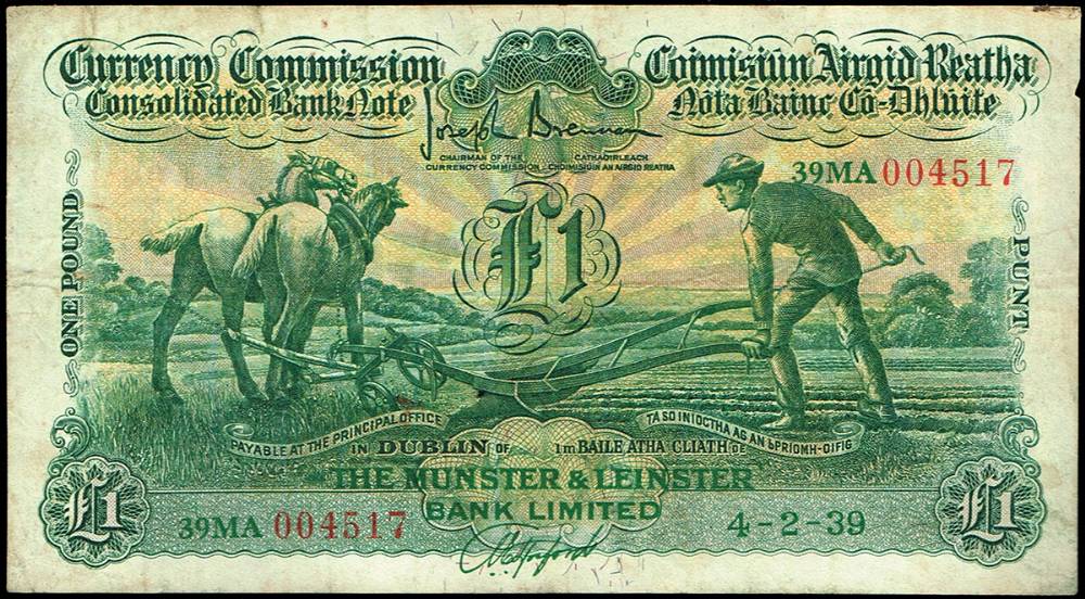 Currency Commission 'Ploughman' Munster & Leinster Bank One Pound, 4-2-39 at Whyte's Auctions