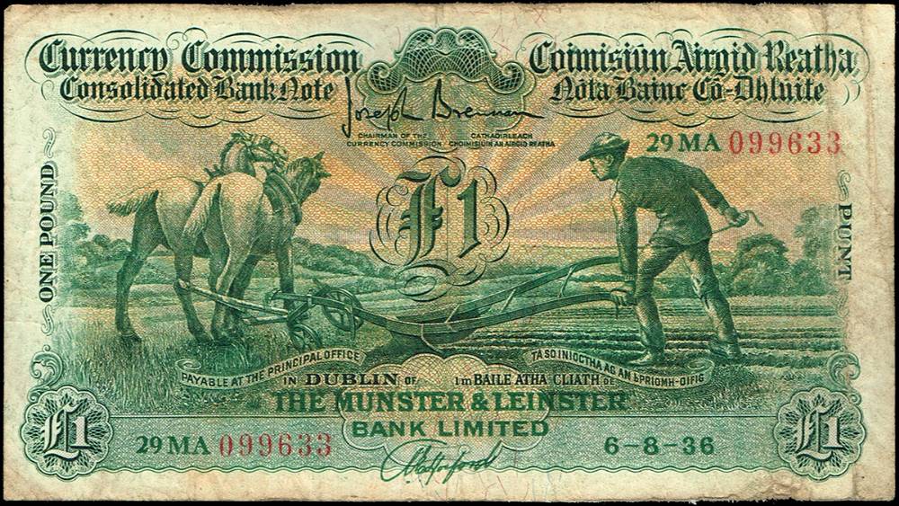 Currency Commission 'Ploughman' Munster & Leinster Bank One Pound, 6-8-36 at Whyte's Auctions