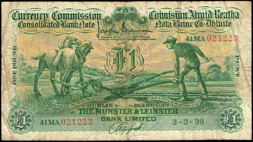 Currency Commission 'Ploughman' Munster & Leinster Bank One Pound, 3-3-39 at Whyte's Auctions