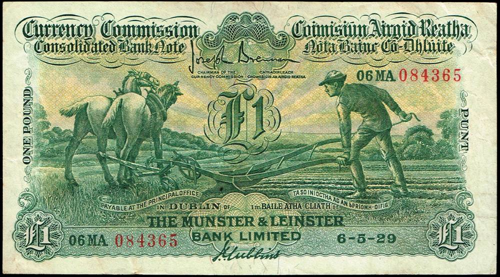 Currency Commission 'Ploughman' Munster & Leinster Bank One Pound, 6-5-29 at Whyte's Auctions
