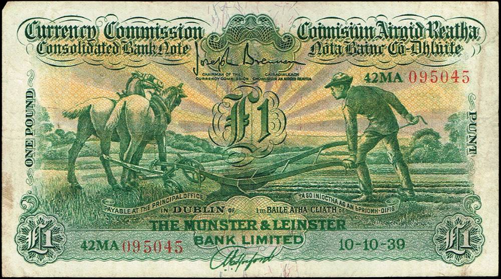 Currency Commission 'Ploughman' Munster & Leinster Bank One Pound, 10-10-38 at Whyte's Auctions