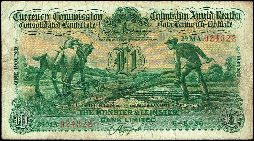 Currency Commission 'Ploughman' Munster & Leinster Bank One Pound, 8-6-36 at Whyte's Auctions