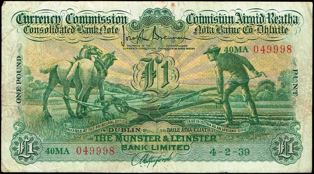 Currency Commission 'Ploughman' Munster & Leinster Bank One Pound, 4-2-30 at Whyte's Auctions