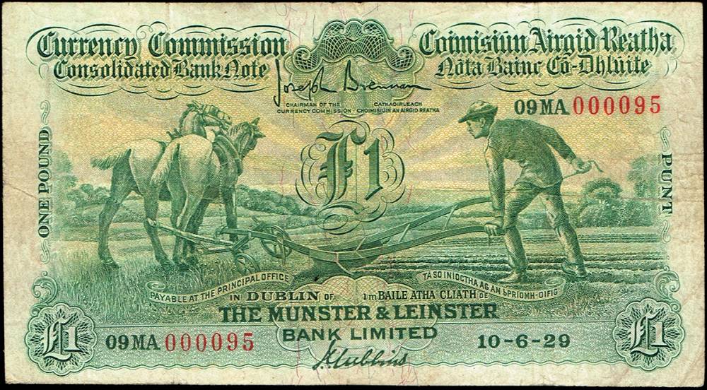 Currency Commission 'Ploughman' Munster & Leinster Bank One Pound, 10-6-29 at Whyte's Auctions