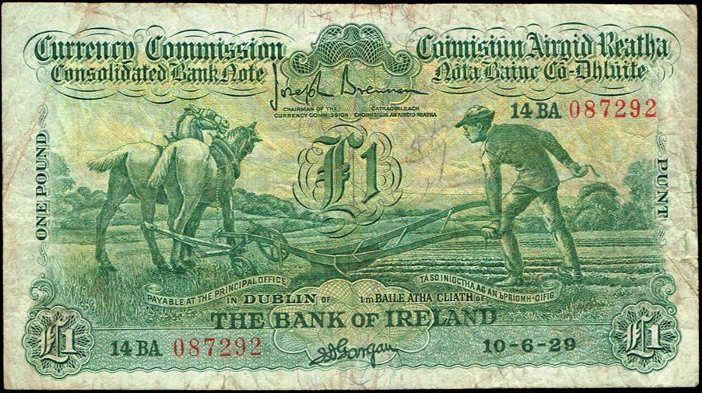 Currency Commission 'Ploughman' Bank of Ireland One Pound, 10-6-29 at Whyte's Auctions