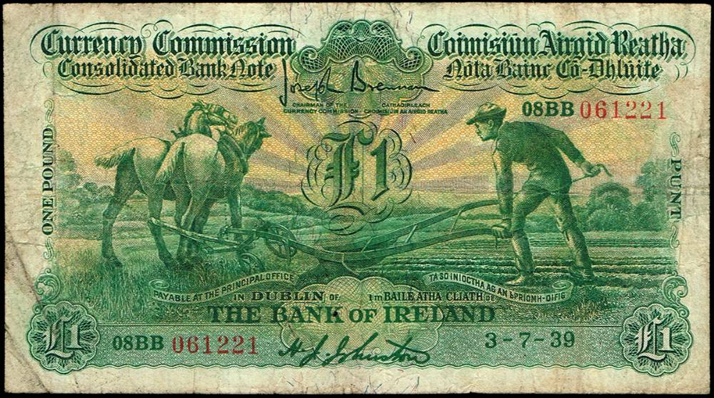 Currency Commission 'Ploughman' Bank of Ireland One Pound,  3-7-39 at Whyte's Auctions
