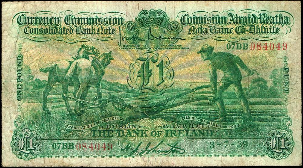 Currency Commission 'Ploughman' Bank of Ireland One Pound, 3-7-39 at Whyte's Auctions