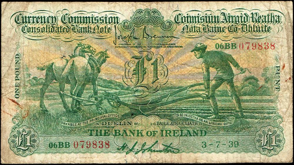 Currency Commission 'Ploughman' Bank of Ireland One Pound, 3-7-39 at Whyte's Auctions