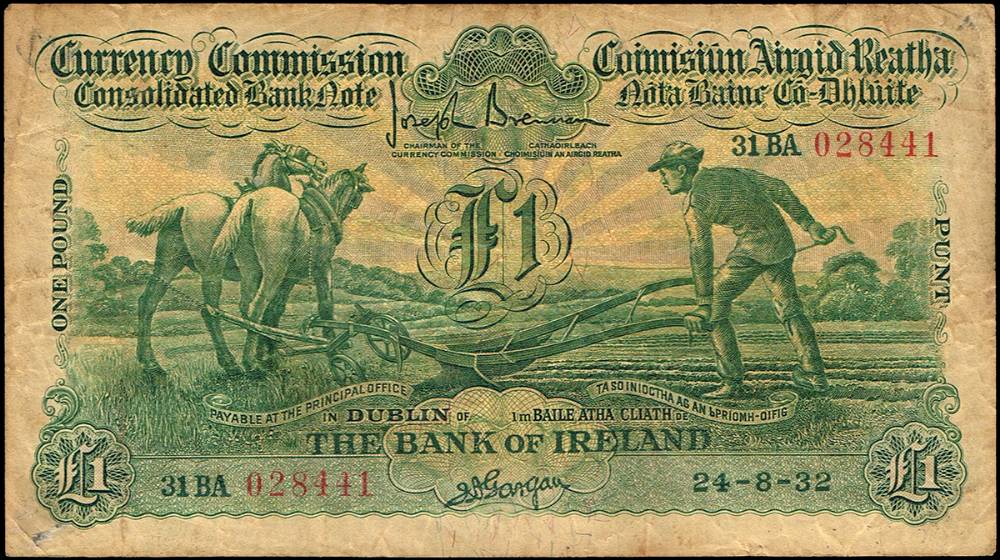 Currency Commission 'Ploughman' Bank of Ireland One Pound, 28-4-32 at Whyte's Auctions