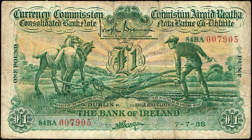 Currency Commission 'Ploughman' Bank of Ireland One Pound, 7-7-38 at Whyte's Auctions