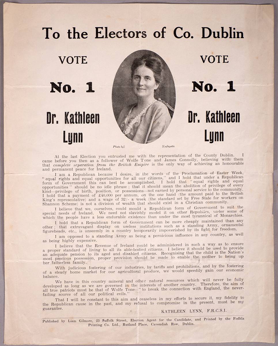 1927. General Election poster for Dr. Kathleen Lynn at Whyte's Auctions