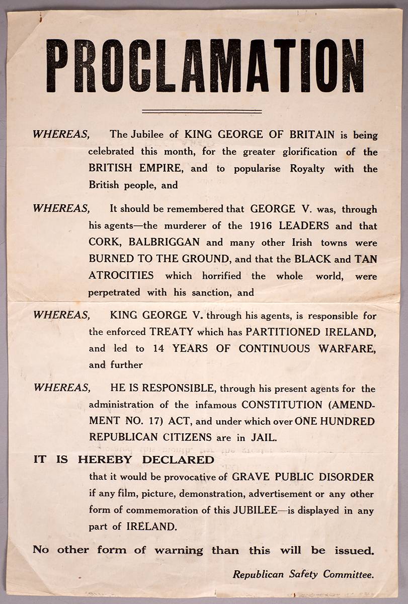 1935. King George V Silver Jubilee British poster and Irish Republican 'Proclamation' threatening the celebration in Ireland. at Whyte's Auctions