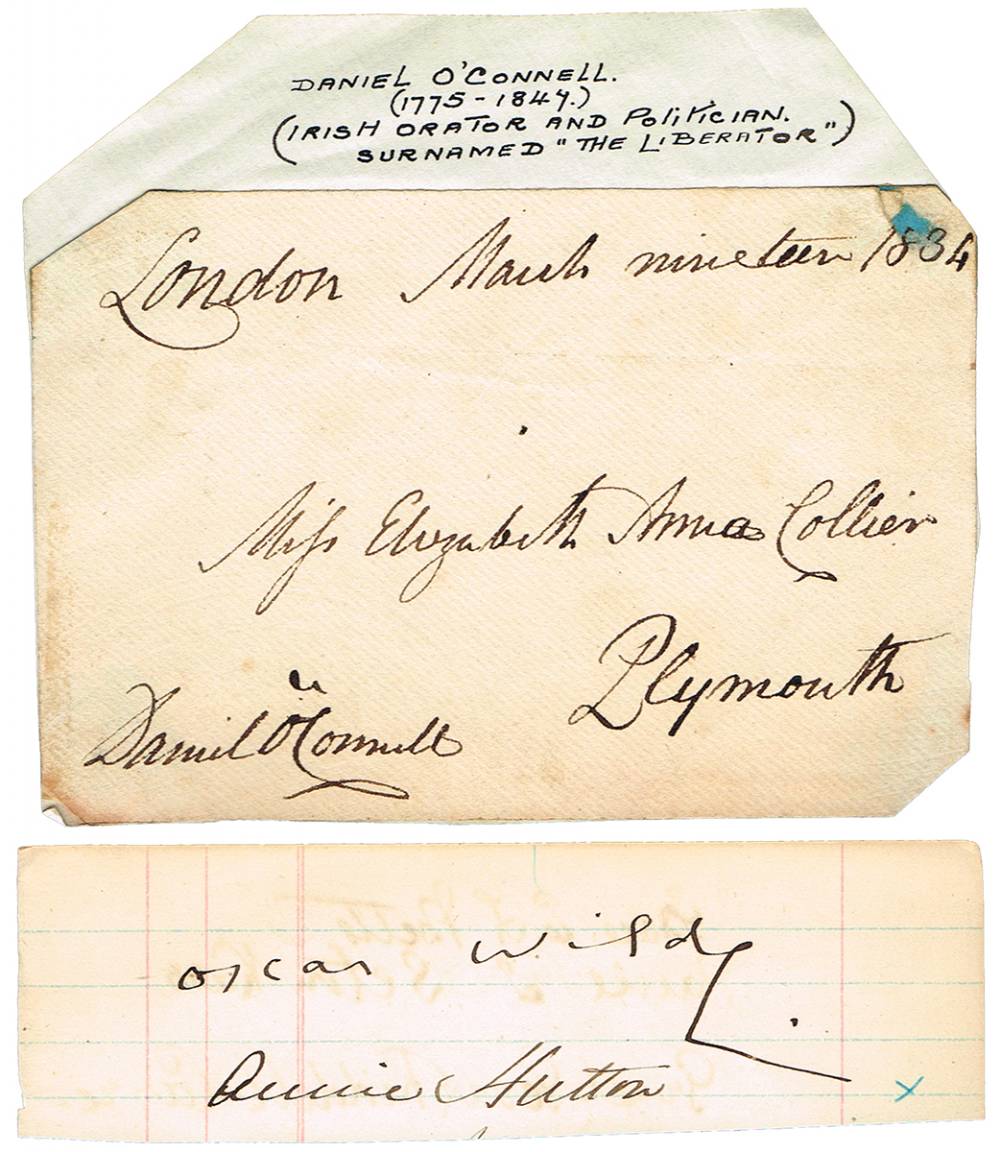 19th century small collection of autographs including Daniel O'Connell and Oscar Wilde. (15 signatures, 5 pieces) at Whyte's Auctions