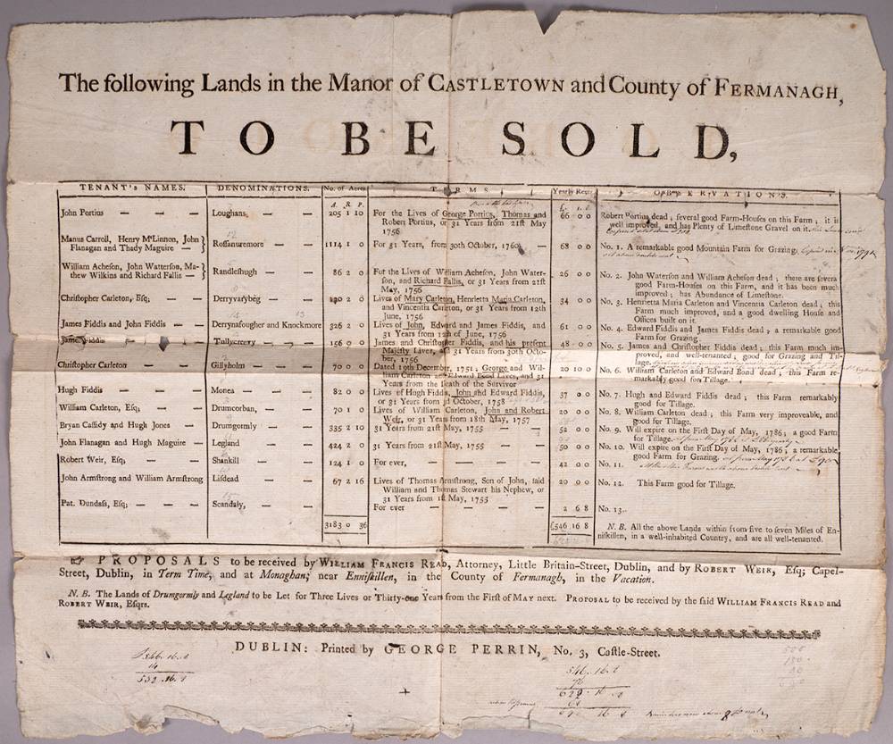 Circa 1795 poster for sale of lands in Castletown, Fermanagh. at Whyte's Auctions