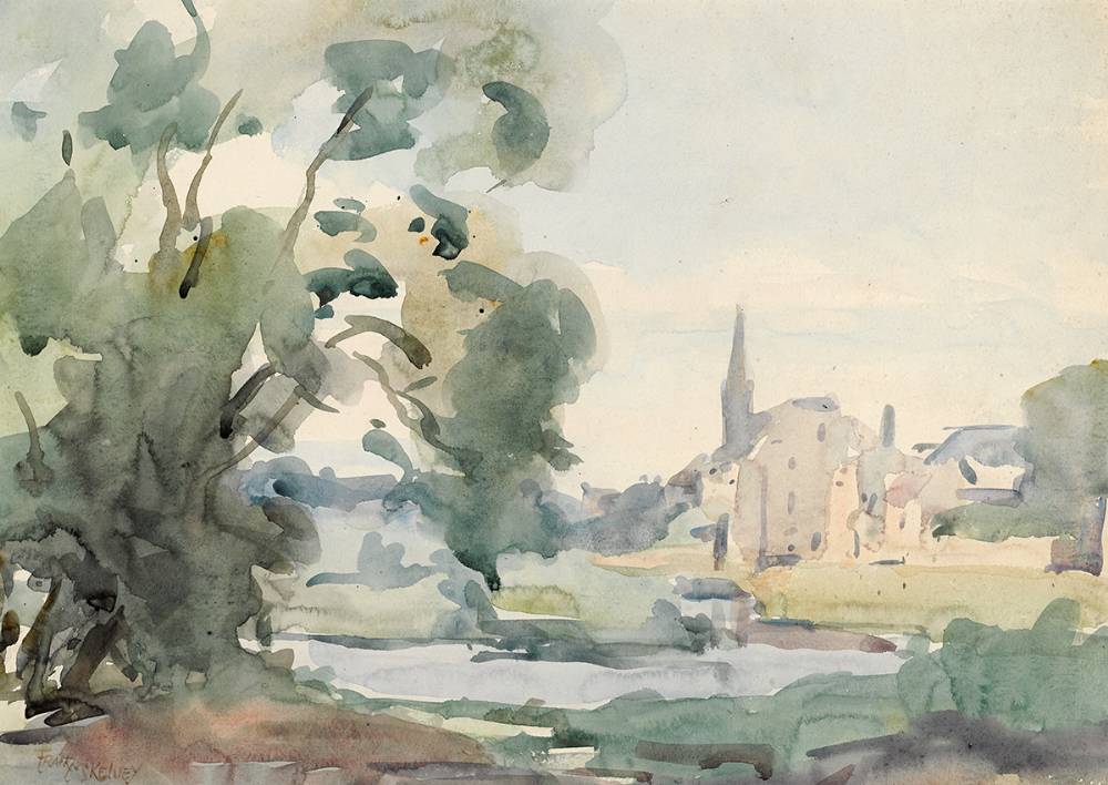 COUNTRYSIDE LANDSCAPE WITH VILLAGE AND LAKE by Frank McKelvey RHA RUA (1895-1974) at Whyte's Auctions