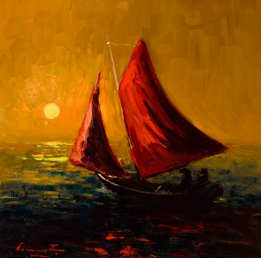 RED SAILS IN THE SUNSET, THE GALWAY HOOKER by L. Cumming  at Whyte's Auctions