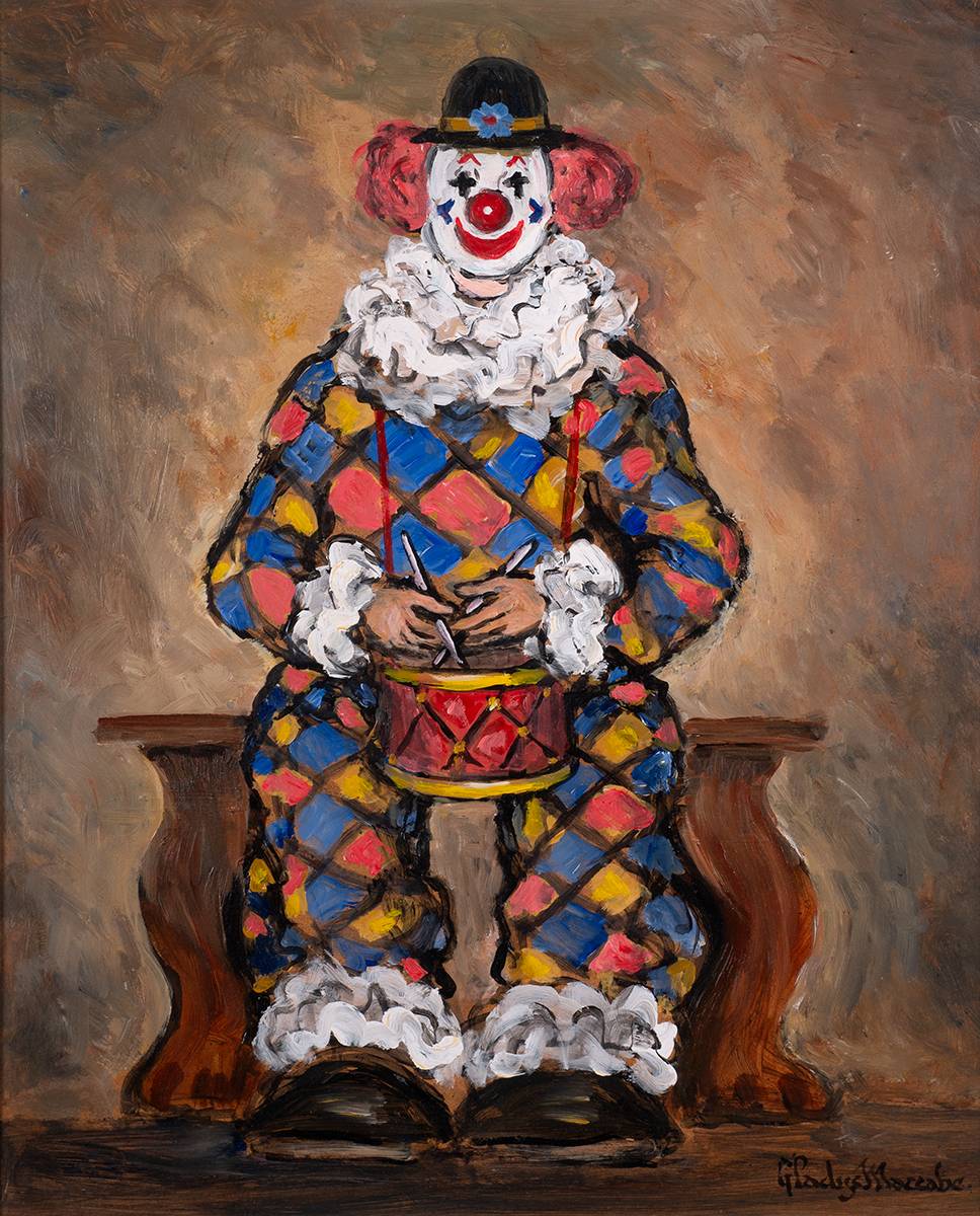 SEATED CLOWN WITH DRUM by Gladys Maccabe MBE HRUA ROI FRSA (1918-2018) at Whyte's Auctions