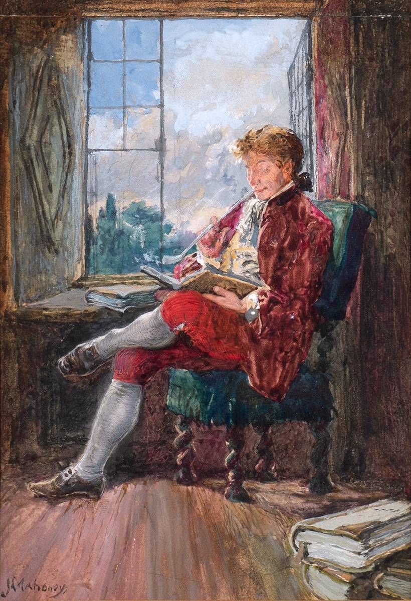 A GENTLEMAN READING BY THE WINDOW WHILE SMOKING A PIPE by James Mahony ARHA (c.1815-c.1859) at Whyte's Auctions
