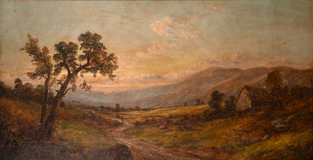 COUNTRYSIDE SCENE WITH COTTAGE AND MOUNTAINS at Whyte's Auctions